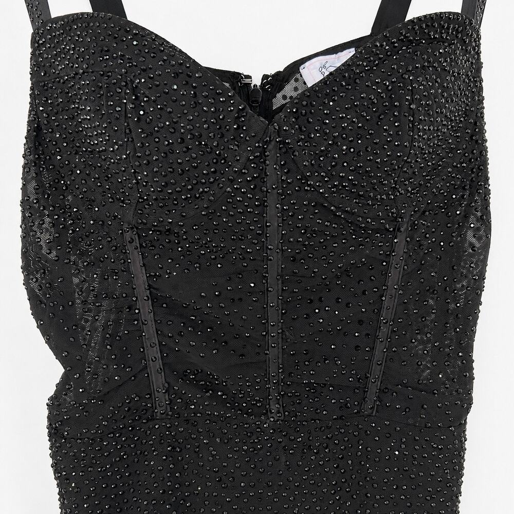 Oh Polly Black Rhinestone Ruched Mesh Bodycon Mini Dress US 6 Party Clubwear - Picture 2 of 10